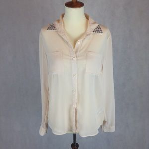 Sheer Jeweled Collared Button Down